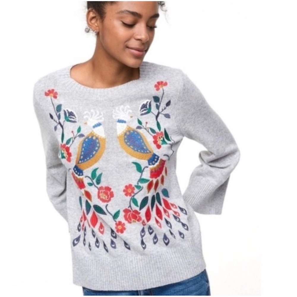 LOFT Gray‎ Embroidered Bird Sweater Womens Small Cotton Wool Blend